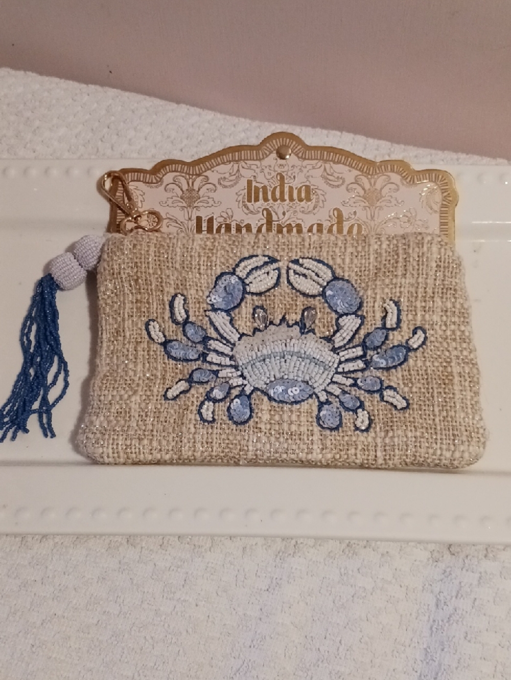 Gorgeous! Beaded Blue Crab Clutch in Blue and Natural Weave Design